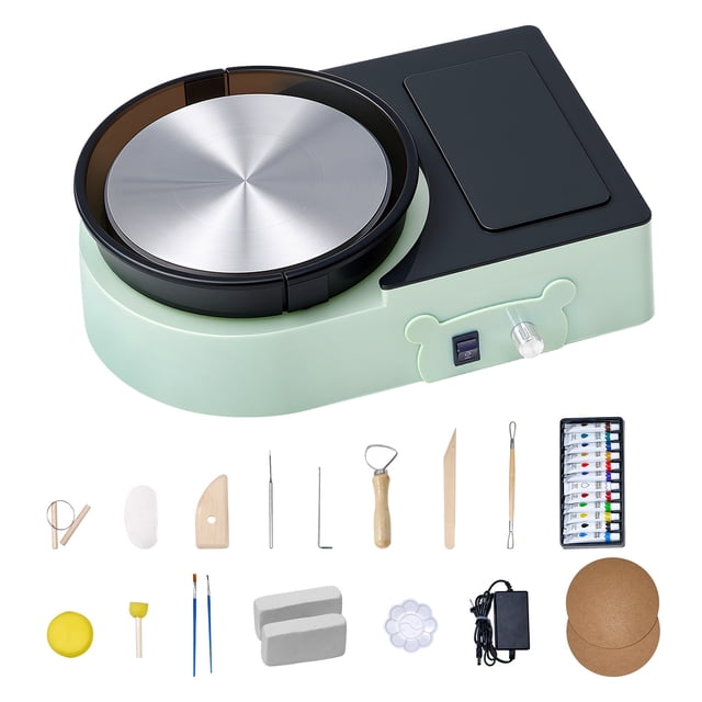 VEVOR Mini Tourne-Poterie Électrique en Argile pour Enfants et Adultes, Vert, avec un Plateau Tournant en Aluminium de 6 Pouces et un Moteur de 30 W. l'Ensemble Comprend une Variété d'Outils Tels Que des Outils de Modelage en Bois, des Brosses, de l'Argile, une palette, des Peintures 12 Couleurs, des Planches en MDF et un Adaptateur d'Alimentation. le design compact Comprend une Boîte de Rangement Intégrée et un Cadre à Bouton en Forme d'Ours pour un Charme Accru. Convient aux Débutants et aux Utilisateurs Expériment