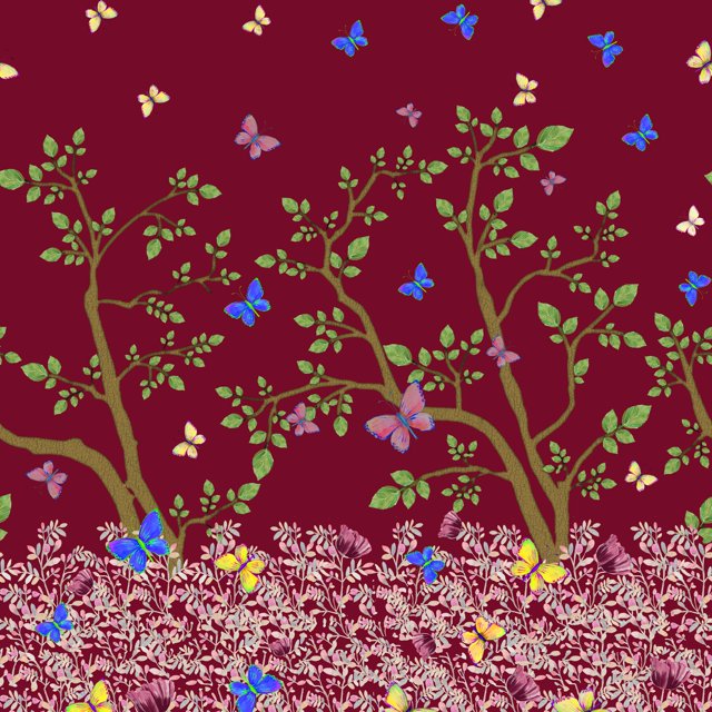 Soimoi Red Crepe Silk Fabric Insect & Tree Panel Printed Craft Fabric by The Yard 42 Inch Wide