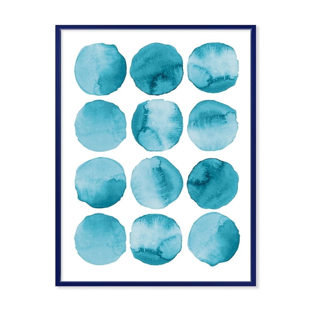 Designart Cercles Aigue-Marine Bleus Éléments Géométriques Cadre Flottant ART Mural avec Douze Cercles Aquarelle Aigue-Marine Bleus Arrangés en une Grille 4 par 3 sur Toile de Coton Blanche de Qualité Supérieure, Enveloppés et Tendus sur un sous-Cadre en Bois de 1 Po, Sertis dans un Cadre Flottant Bleu Foncé, Prêts à Accrocher avec Quincaillerie Incluse, Convenant à la Décoration Murale Moderne de la Maison et du Bureau.