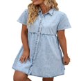 thumbnail image 1 of Robe en Denim pour Femmes Décontractée à Manches Courtes, Boutonnée, Smockée, à Volants, Style Babydoll, Robe en Jean, 1 of 6