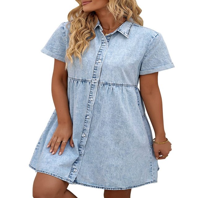 Robe en Denim pour Femmes Décontractée à Manches Courtes, Boutonnée, Smockée, à Volants, Style Babydoll, Robe en Jean