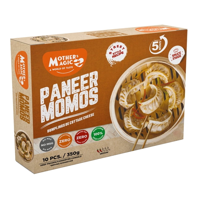 Mothers Magic Paneer Momos 350G, Paneer Momos – 350 g bag, frozen, 20 packs per case, soft dough with creamy paneer filling, ready-to-steam, delicious appetizer or meal.
