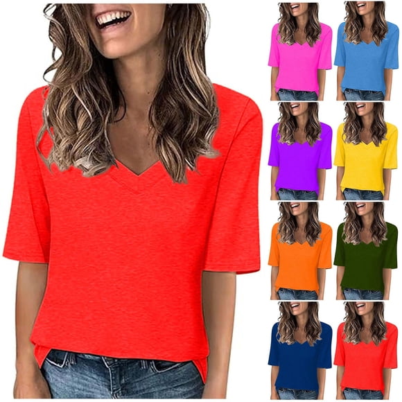 JDQJBZ T-Shirt à Manches Courtes pour Femmes Haut d'Été, T-Shirts Mode pour Femmes Décontractés à Col en V Ample Mignon T-Shirt à Manches 1/2 Haut pour Dames
