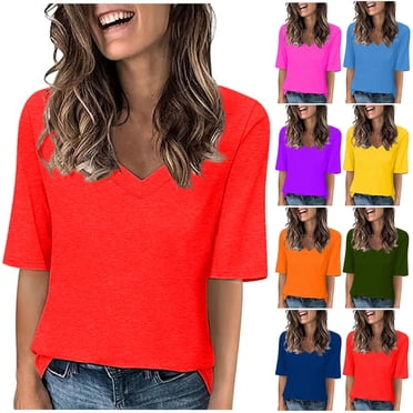 JDQJBZ T-Shirt à Manches Courtes pour Femmes Haut d'Été, T-Shirts Mode pour Femmes Décontractés à Col en V Ample Mignon T-Shirt à Manches 1/2 Haut pour Dames
