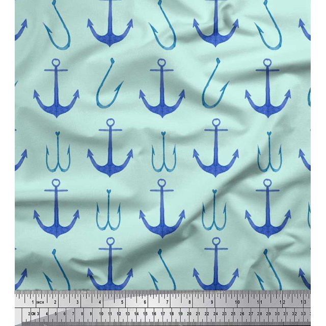 Soimoi Green Poly Georgette Fabric Anchor Hook Nautical Decor Fabric Printed Yard 42 Inch Wide