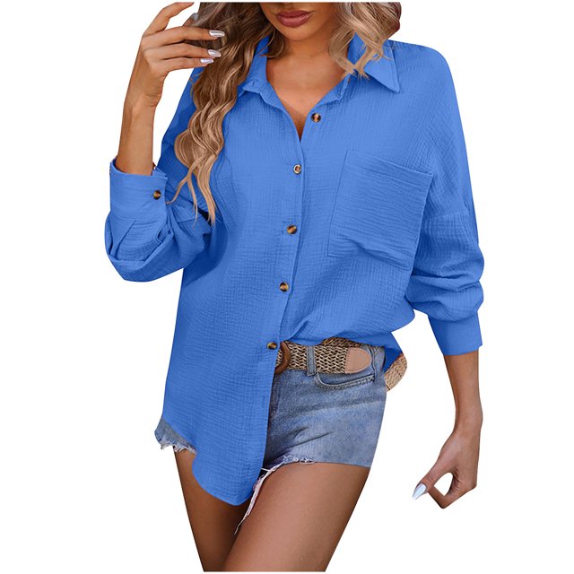 AherBiu Chemises à Manches Longues pour Femmes, Boutonnées, Col à Revers, Col en V, Décontractées, Légères, Hauts d'Été, Blouse