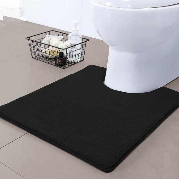 MINIDEAR - Toilet Mats 20x24 Inch Washable U-Shaped Black Faux Fur High Pile Shaggy Fluffy Water Absorbent Toilet Mats