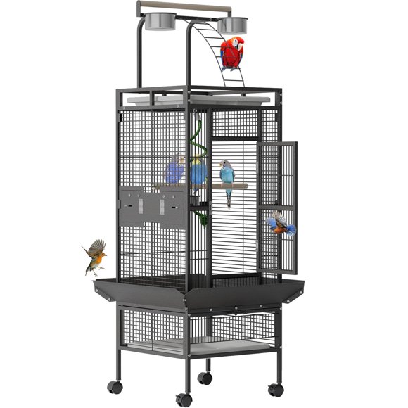 EDTara Large Parrot Cage 152 cm, Wrought Iron Bird Cage with Rolling Stand, Play Top and 4 Stainless Steel Bowls for Budgies, Lovebirds and Conures