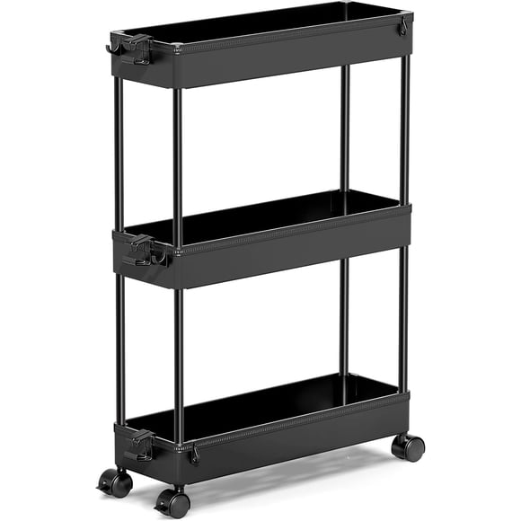 LLMRR Chariot Roulant Mince à 3 Niveaux, Chariot de Rangement Roulant avec Roues Verrouillables, Chariot de Rangement pour Salle de Bain, Chariot d'Étagère Mobile, Organisateur de Rangement pour Cuisine Salle de Bain, Noir