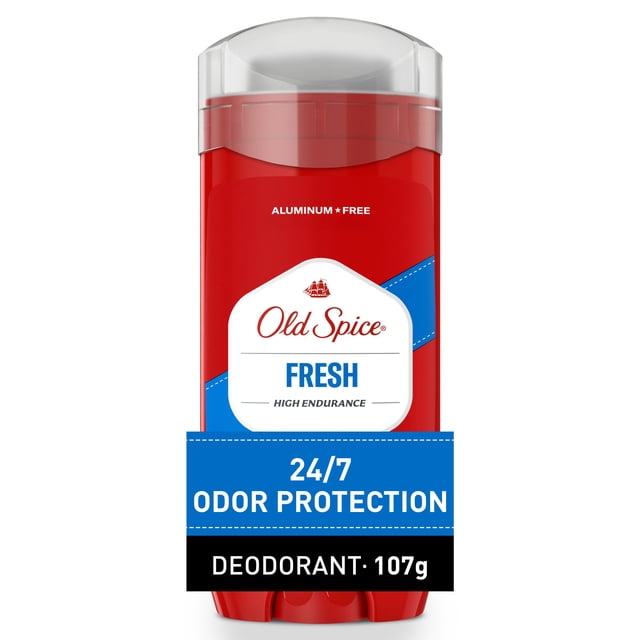 Old Spice High Endurance Deodorant for Men in a red stick container with clear cap, featuring Fresh scent and aluminum-free formula, providing 24/7 odor protection in a 107-gram men's deodorant stick suitable for daily use.