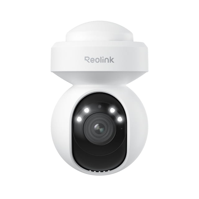 Reolink E Series E540 smart 5MP PTZ Wi-Fi security camera in white with a dome top and black lens housing featuring six LED lights, offering 3× optical zoom, 355° pan, 50° tilt, and color night vision for outdoor use.