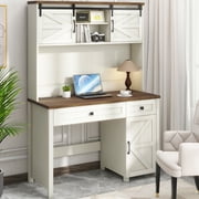 Vabches Farmhouse 47" Executive Desk, Computer Desk with Drawers and Storage Cabinet, Workstation Computer Desk with Hutch for Home Office