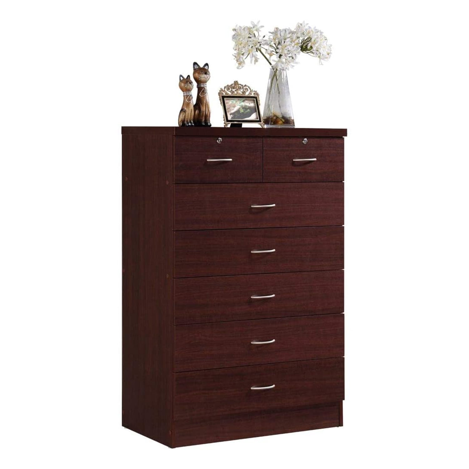 Hodedah 7 Drawer Wooden Jumbo Dresser Chest with 2 Top Locks, Mahogany