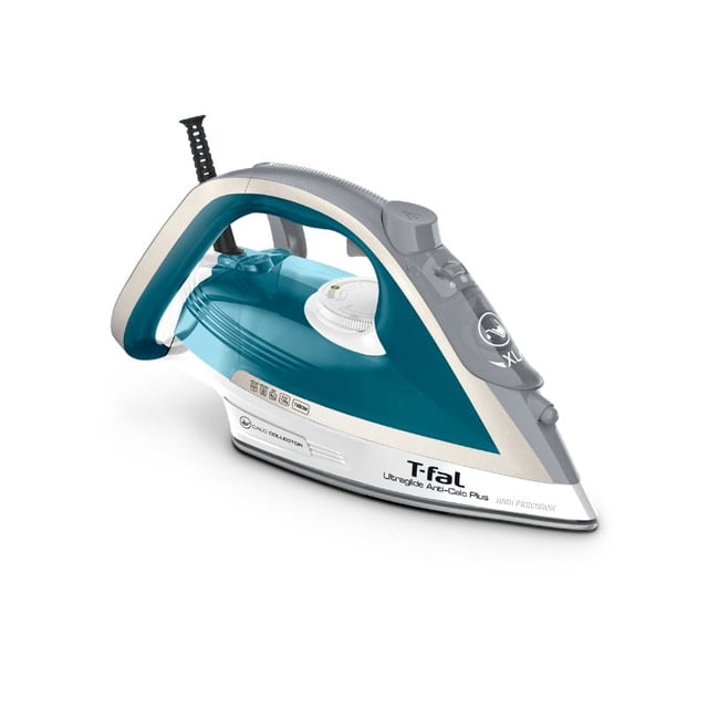 T-fal Ultraglide Anti-Calc Plus Steam Iron in teal and white with a curved handle, steam control dial, and pointed Durilium Airglide soleplate, featuring removable calc collector and 1800W power for fast heat-up and wide steam coverage, ideal for efficient ironing and tackling stubborn creases.