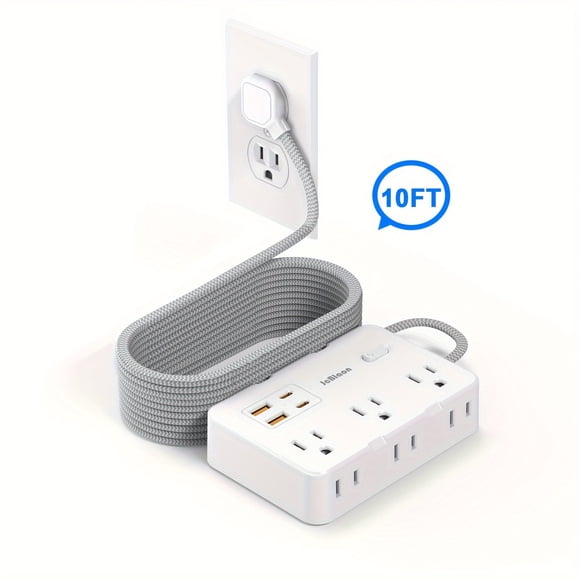 QJUHUNG Surge Protector Power Strip 10 Ft Cord Ultra Thin Flat Extension Cord With 6 Outlets 4 USB Ports (2 USB C) Flat Plug Power Strip Braided Power Cord For College Dorm Room Essent
