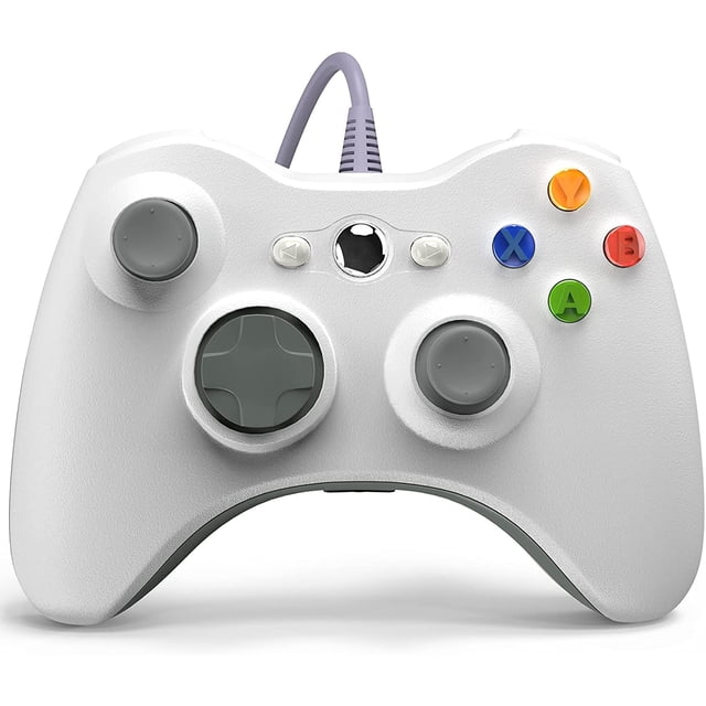 Wired Controller for Xbox 360 by Timoom, displayed in a front-facing view. The controller has a white finish with grey joysticks, a grey directional pad, and colorful A, B, X, and Y buttons. It features a 7.2-foot USB cable for compatibility with Xbox 360, Xbox 360 Slim, and PC systems running Windows 7, 8, 10, or 11. The controller includes dual-vibration motors, pressure-point triggers, and an ergonomic design for enhanced comfort during gaming.