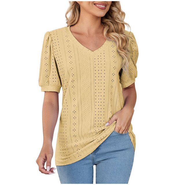 RKSTN Womens Tops 2024 Fashion Mesh Breathable Short Sleeve V-Neck Blouse Tops Comfortable Temperament Solid Color Tops