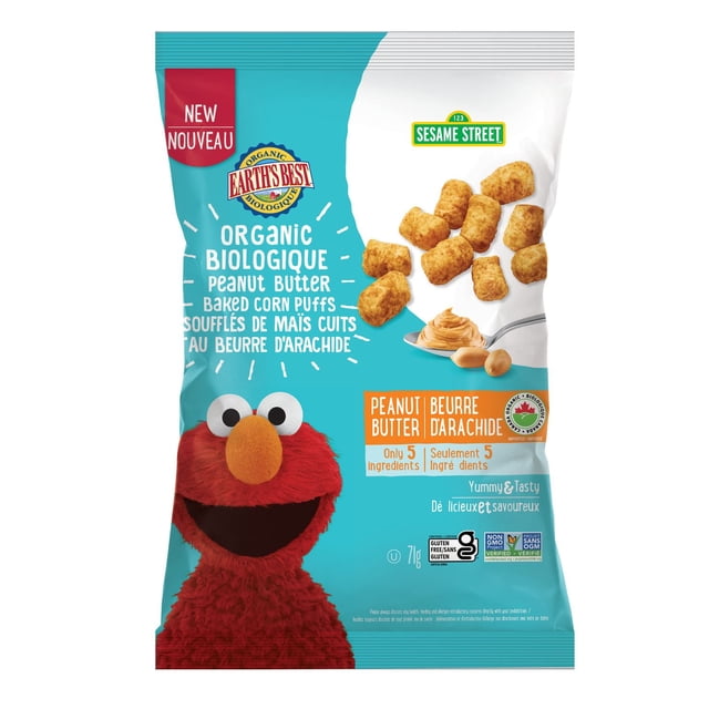 Earth's Best Organic Peanut Butter Corn Puffs centered, front-facing bag with Earth's Best branding and product label showing organic peanut butter puffs; lists gluten free and Non-GMO Project Verified and 3 g protein per serving, often used as a kids' lunchbox snack.