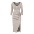 thumbnail image 3 of WTXUE Robe Portefeuille, Robe de Soirée à Manches Longues pour Femmes avec Fente Haute et Col en V, Robe pour Femme, Robes Petites pour Femmes, Kaki P, 3 of 5