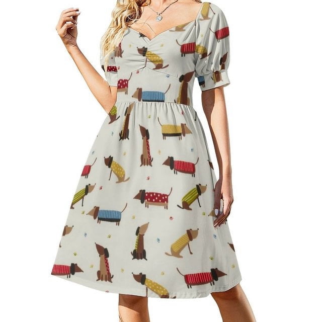 Mignon Chien Teckel Robe Sexy V Cou Champignon Forêt Imprimer Festival Robes Femmes Modèle Esthétique Surdimensionné Casual Robe Cadeau