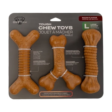 One Paw, 3 Pack Bamboo Fiber Bone Dog Toys, Durable and Good for Dental Health, Bacon Flavour, Fiber and Nylon Material