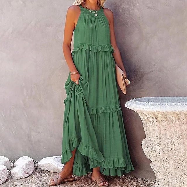 Gspmoly Robe pour Femmes, Robe d'Été Décontractée pour Femmes à Col Rond, Unie, à Bandage, Sans Manches, Longue, Robes de Soirée pour Femmes jusqu'à 60 % de Rabais