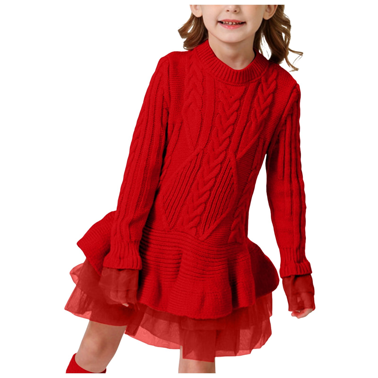 Splozh Robe de Demoiselle d'Honneur pour Fille Printemps et Automne Robe de Fête à Manches Longues d'Hiver pour Fille Robe en Maille à Motif Rouge, 18-24 Mois
