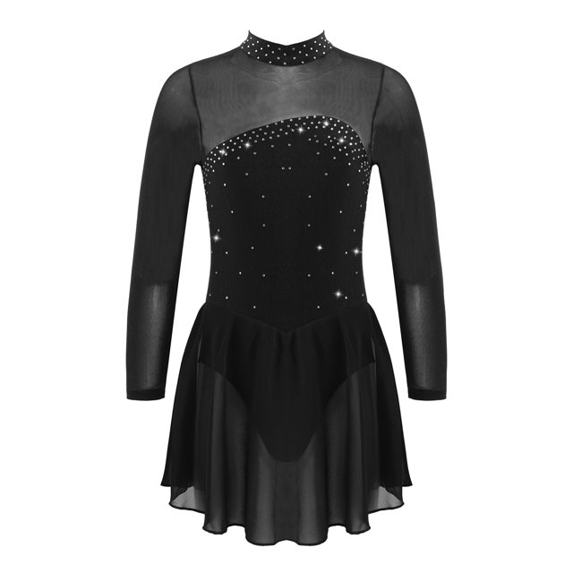 Sxiwei Kids Girls Long Sleeve Mesh Splice Figure Skating Dress with Rhinestone Keyhole Back Gymnastic Black 16