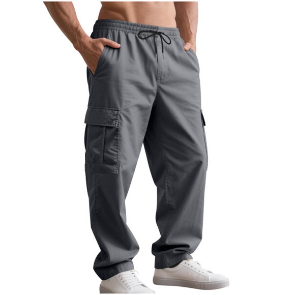 hoksml Men's Cargo Pants with Drawstring Waist Solid Color Casual Work Pants Elastic Waistband Multiple Pockets Straight Leg Trousers