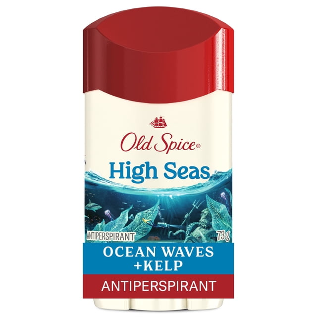 Old Spice Mind & Body Collection Invisible Solid High Seas 73G men's antiperspirant stick with a red cap and ocean waves and kelp label design, providing long-lasting odor and wetness protection.