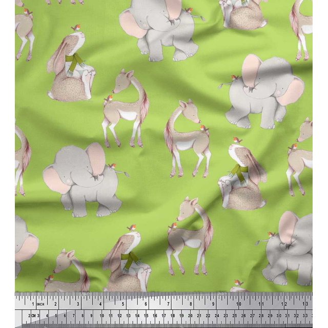 Soimoi Cotton Duck Fabric Deer,Elephant & Rabbit Kids Decor Fabric Printed Yard 56 Inch Wide