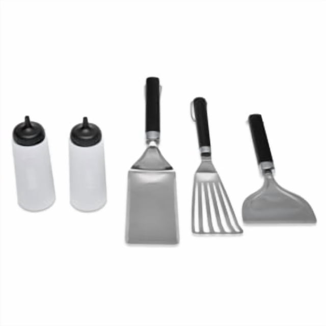 Weber Griddle Essential Set includes five outdoor griddle tools: two white squeeze bottles with black caps, a large stainless steel spatula with a black handle for heavy foods, a flexible slotted spatula for delicate items, and a stainless steel scraper with a black handle for cleaning, all on a white background.
