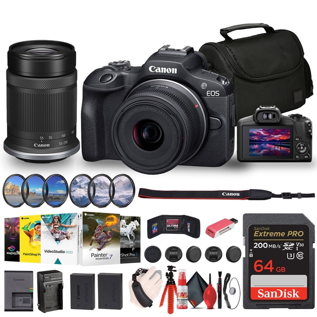 Canon EOS R100 Mirrorless Camera with 18-45mm and 55-210mm Lenses Kit, shown with included accessories such as a 3-piece filter kit, Corel photo software, soft bag, Sandisk 64GB Extreme Pro card, LPE17 battery, external charger, memory card reader, 12-inch flexible tripod, cleaning kit, memory card wallet, hand strap, and lens cap keeper. The camera features a 24.1MP APS-C CMOS sensor, DIGIC 8 processor, 4K 24p cropped video recording, and Dual Pixel CMOS AF. Also displayed are the camera's front and rear views, along with the additional RF-S lenses.