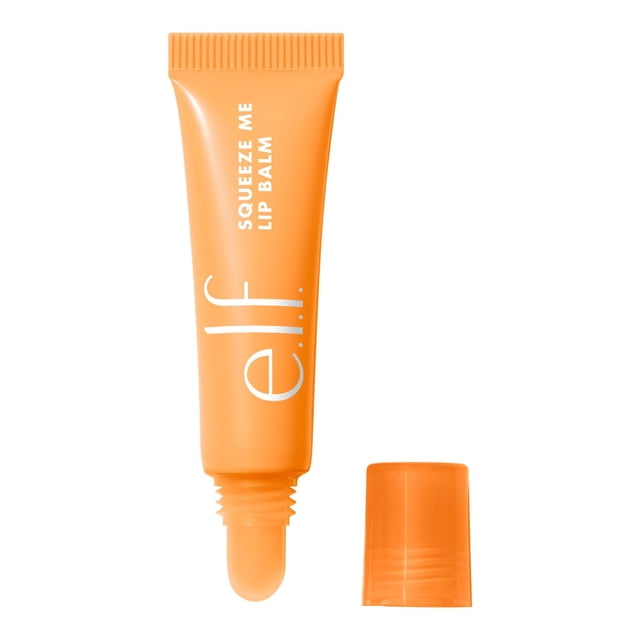 e.l.f. Cosmetics Squeeze Me Lip Balm in an orange squeeze tube with white text, showing the open rounded applicator tip and separate cap, offering moisturizing tinted lip care with shea butter and hyaluronic acid, ideal for quick hydration on the go.