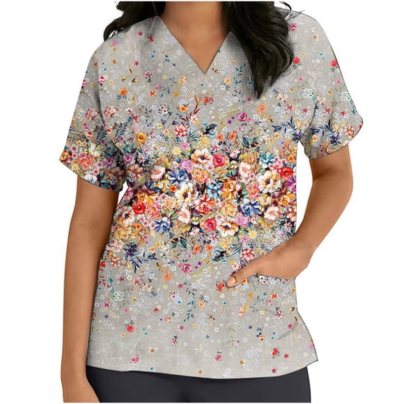 Womens Scrubs Tops Short Sleeve V-neck Tops Uniform Printed Pockets Blouse Nursing Clearance