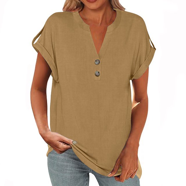 Yuyuzo Womens T Shirts Cap Sleeve Tops Button up V Neck Top Solid Color Basic Summer Tees Tops