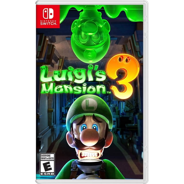 Luigi's Mansion 3 Nintendo Switch game cover showing Luigi holding a flashlight in a dark hotel hallway with a glowing green ghost figure above the illuminated game title and the Nintendo Switch logo in the top left corner.