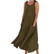 Staron Army Green Women's Dress Clearance Under $10 Cotton Linen Long Dresses Plus Size Casual Flowy Dress Sleeveless Summer Solid O Neck Sundress with Pockets L