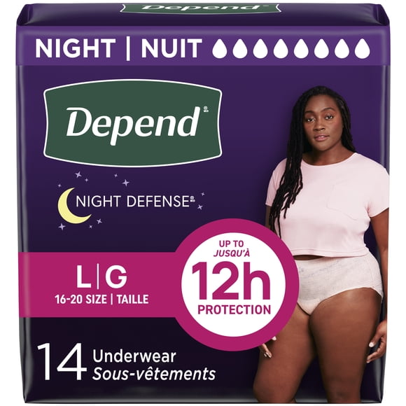 Sous-vêtements d’incontinence et fuites urinaires post-partum pour femmes adultes Depend Night Defense pour femmes, jetables, de nuit, grande taille, roses, 14 unités