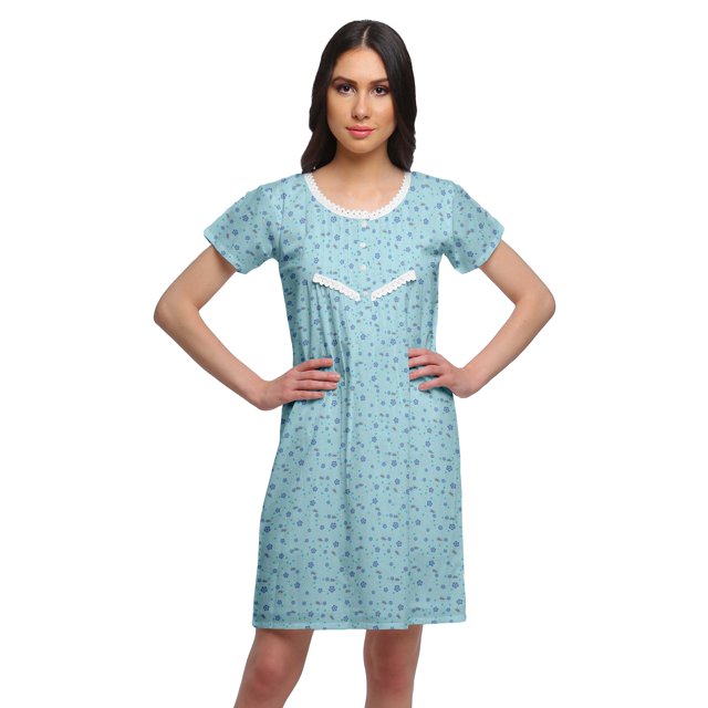 Moomaya Chemise de Nuit à Manches Courtes Imprimée pour Femmes, Col Rond, en Coton, Vêtement de Nuit