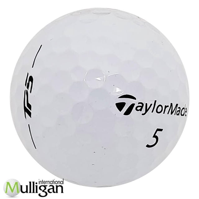 TaylorMade TP5/x Balles de Golf Recyclées Gros Plan Montrant une Balle de Golf Blanche à Bosses avec logo TaylorMade Noir, Numéro 5 et Marquage TP5, Idéales pour la Pratique et l'Entraînement de Golf, Offrant un Vol Uniforme et une Qualité Recyclée Écologique.