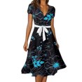 thumbnail image 1 of MAWCLOS Robe Midi Longue pour Femme à Imprimé Floral, Robes de Fête pour les Vacances, Col en V, Robe d'Été de Plage Décontractée à Manches Courtes, Bleu Marine, TG, 1 of 2