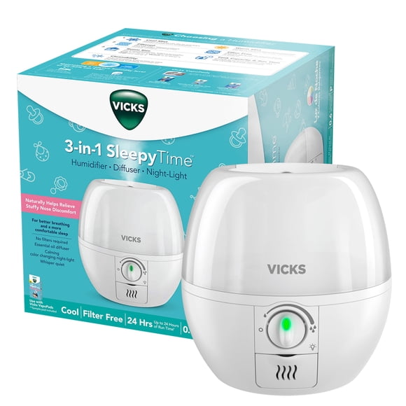 Vicks Humidifier 3-in-1 SleepyTime Cool Mist Humidifier for Baby & Kids Rooms with Color Changing Night Light and Essential Oil Diffuser, White