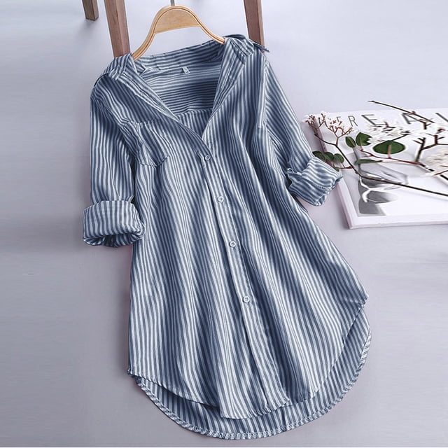 Meichang Womens Striped Button Down Shirt Plus Size Tunic Tops Long Sleeve Roll Up Collared Blouses Loose Fit Curve Hem Work Tops