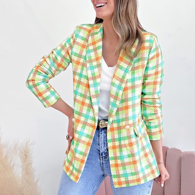 jsaierl Women's Plaid Blazers Houndstooth Long Sleeve Open Front Lapel Collar Jackets with Pockets