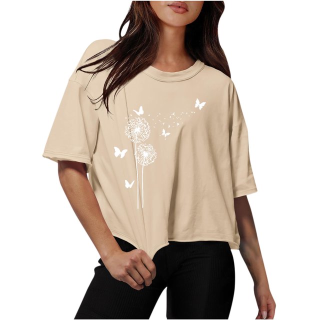 Blouses for Women Drop Shoulder Round Neck Oversized Crop Tops Workout Tops Tees