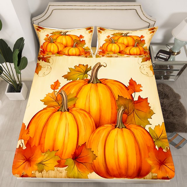 YST Draps de Lit Citrouille d'Automne Drap-Housse Récolte d'Automne Format Simple, Literie Style Aquarelle Vintage Drap Feuille d'Érable, Couvre-Lit Action de Grâce Heureux Beige Orange (Poche Profonde)