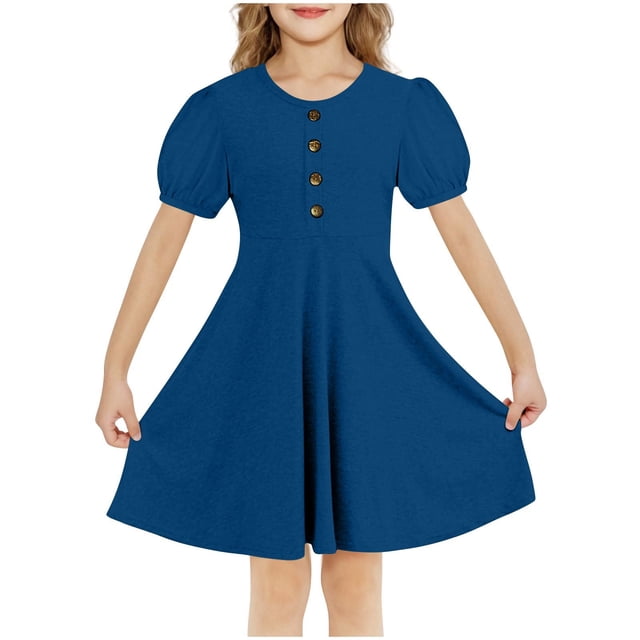 RXIRUCGD 2025 Vêtements d'Été pour Enfants Filles Robe d'Été Couleur Unie Col Rond Manches Courtes Robe Décontractée et Confortable pour Adultes