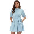 thumbnail image 1 of INSPIRE CHIC Robe Chemise à Manches Mi-Longues Plissée Unie avec Ceinture Bleu Clair P, 1 of 4