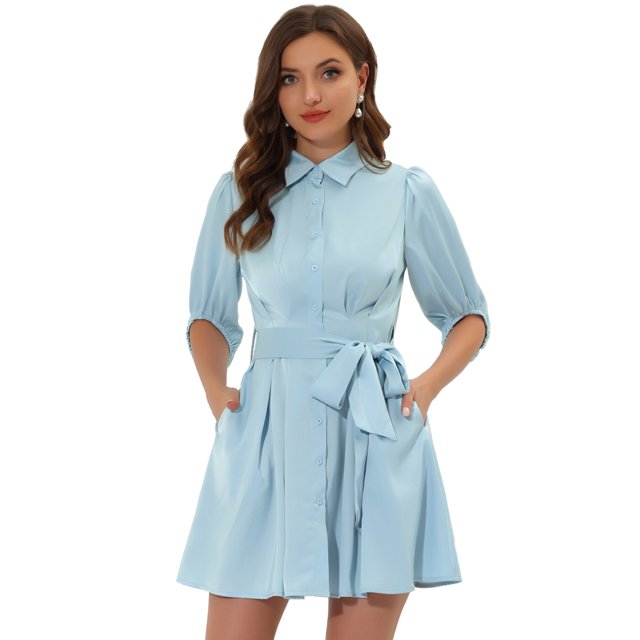 INSPIRE CHIC Robe Chemise à Manches Mi-Longues Plissée Unie avec Ceinture Bleu Clair P